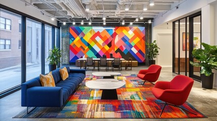 Modern office lobby with colorful art, seating, and city view
