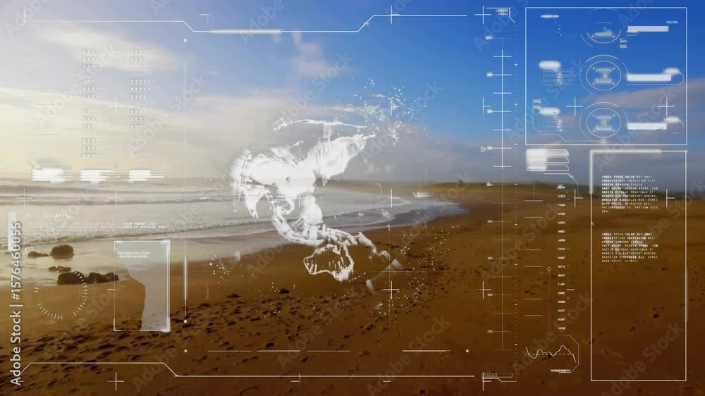 Poster digital grid markers appearing on beach starting 3d globe emerging, rotating and visualizing data