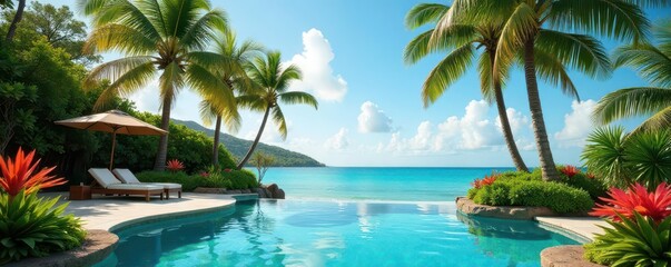 Fototapeta premium Palm trees sway in the breeze next to a turquoise pool surrounded by lush greenery and vibrant flowers , serene, desert, landscape