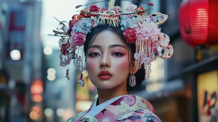 Woman in Traditional Asian Dress and Floral Headpiece Stands in Vibrant City Street with Lanterns - Powered by Adobe