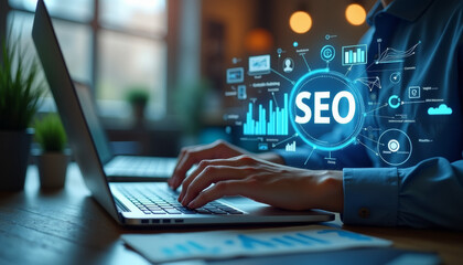 Digital Marketing Strategy, SEO Optimization, Home Office, Infographic, Modern Workspace, Close-Up View, Business Growth