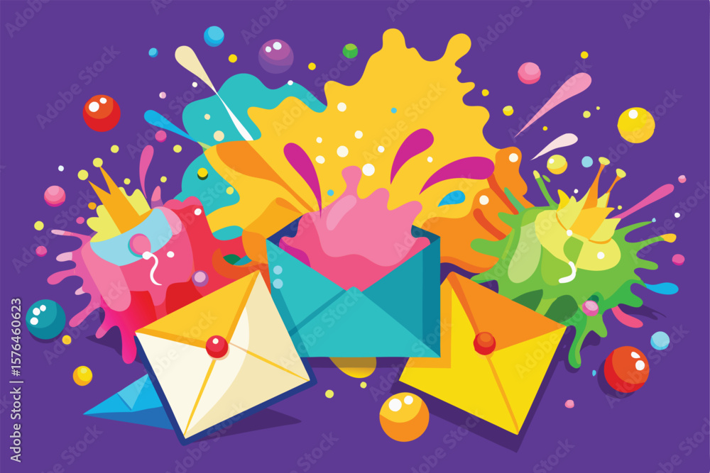 Poster vibrant and colorful envelopes explode with artistic splashes and shapes, conveying a sense of creat