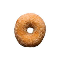 Top view of cinnamon sugar donut on a dark earthenware plate isolated on a white transparent background