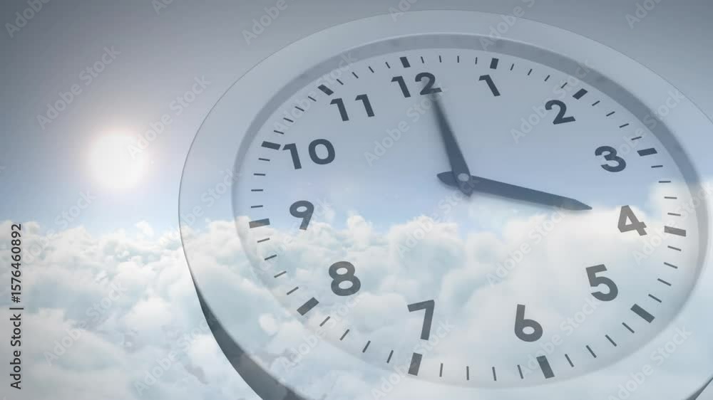 Poster upon start analog clock hands sweeping and inching over clouds under sun showing time flow