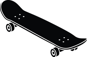 A bold, black silhouette of a skateboard angled in a dynamic position.