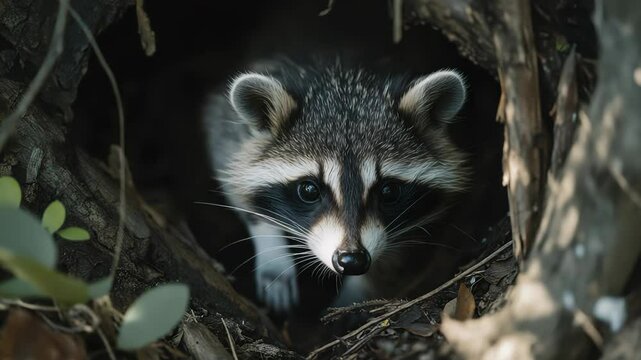 Raccoon Emerging from Tree Hollow at Night with Curious Expression