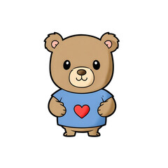 Cute teddy bear cartoon character wearing a blue shirt with a red heart on the chest on transparent background.