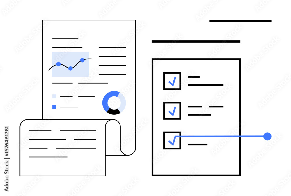 Poster documents with pie chart, line graph, checklist, and connected elements highlight data analysis, pla