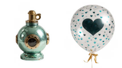 A transparent balloon filled with small blue hearts and a large dark heart, tied with a golden ribbon, next to a vintage green diving helmet isolated on transparent background