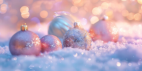 Gentle pastel ornaments on snowy bed illuminated by warm bokeh lights

