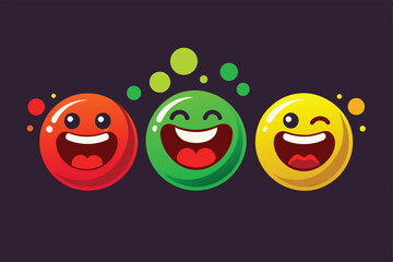 Three vibrant, cartoon style emoticons in red, green, and yellow showcasing joyful expressions. Ideal for designs needing a cheerful and positive vibe. Perfect for playful and fun themes.