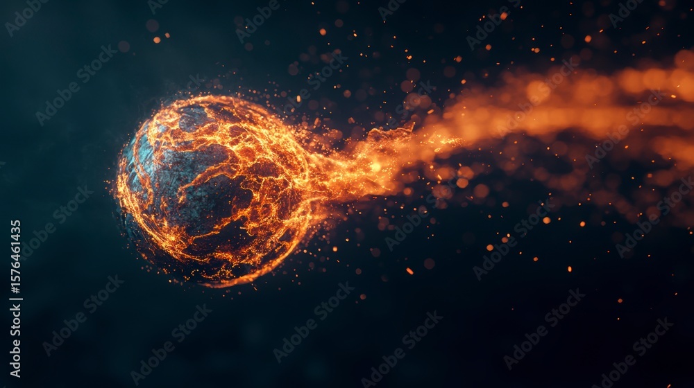 Poster fiery sphere trailing sparks in dark space.