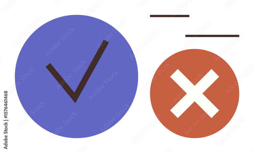 Poster blue checkmark on a circle next to orange cross inside a circle with floating lines. ideal for decis