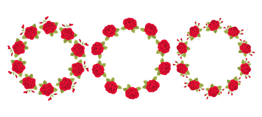 Set round rose borders for design and decoration. Red flower frames. For invitations, packaging, greeting cards.