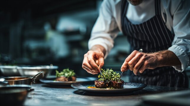 Professional chef preparing gourmet dish at elegant restaurant kitchen counter, plating food with herbs and sauce, dark moody background, empty area