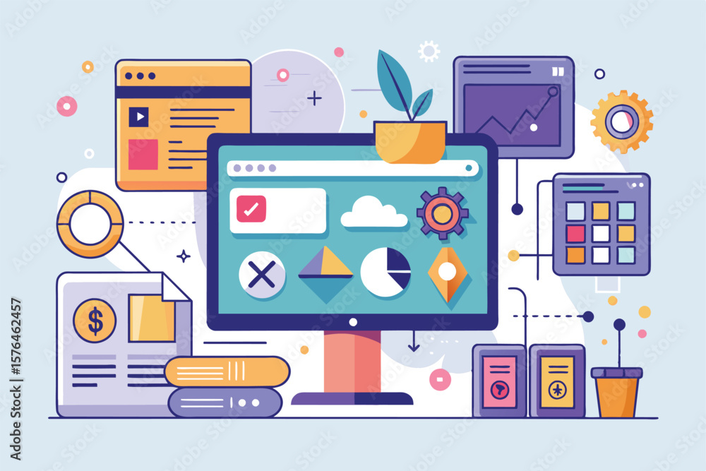 Poster colorful illustration depicting technology and data analysis with various digital elements. concepts