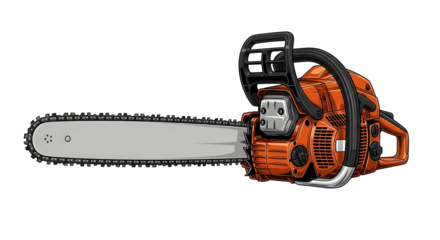 Orange chainsaw with a sharpening blade for cutting wood on transparent background. Lumberjack equipment for forestry work.