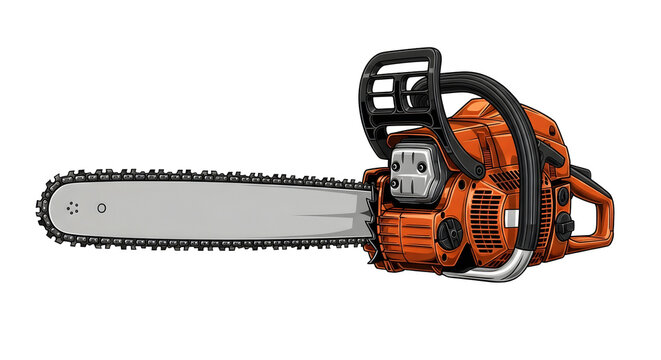 Orange chainsaw with a sharpening blade for cutting wood on transparent background. Lumberjack equipment for forestry work.