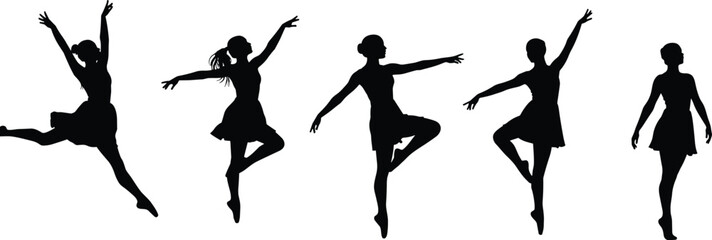 Ballet dancer sketch cad drawing flat vector illustration, five graceful female silhouettes in pose, front view elegant motion layout