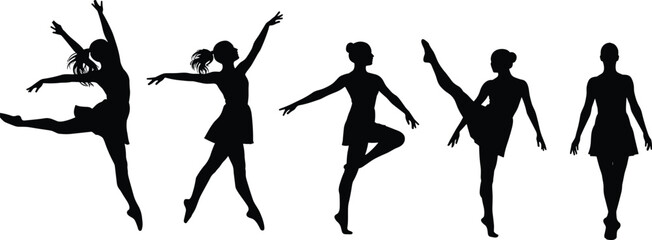 Ballet dancer sketch cad drawing flat vector illustration, five graceful female silhouettes in pose, front view elegant motion layout