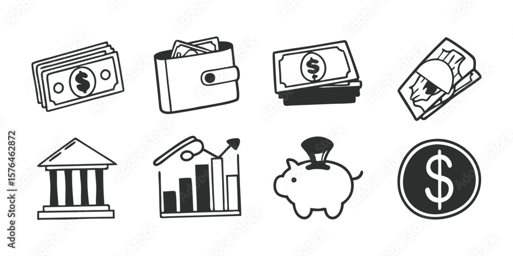 Poster comprehensive set of finance and business line icons for modern design projects on transparent backg
