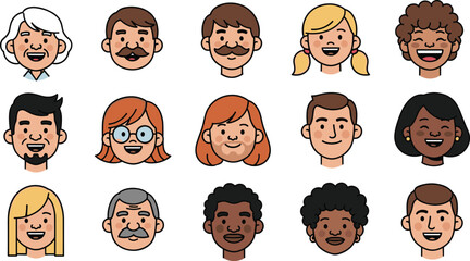 Diverse cartoon faces collection, smiling avatars, multicultural people icons, happy expressions, character illustration set, community diversity, vector portrait bundle