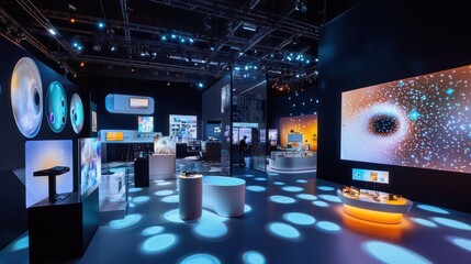 Modern technology exhibition with large screens and displays