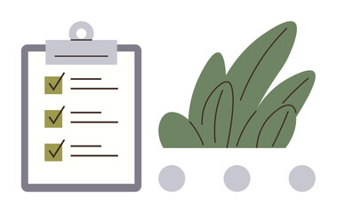 Clipboard with checklist and green checkmarks beside abstract plant illustration. Ideal for productivity, sustainability, planning, goals, eco-consciousness, task management, green initiatives