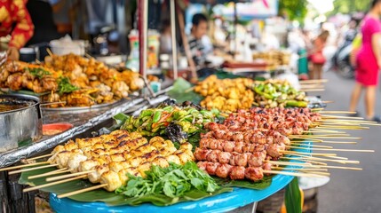 Obraz premium Vibrant Street Food Market with Various Grilled Skewers and Dishes