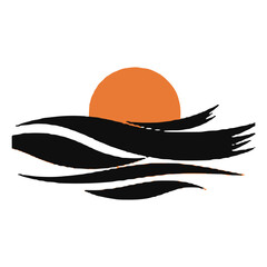 Abstract Sea Waves and Sunset Silhouette Vector