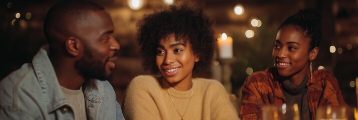 Fototapeta premium Three african adults enjoying a cozy evening gathering with candlelit ambiance