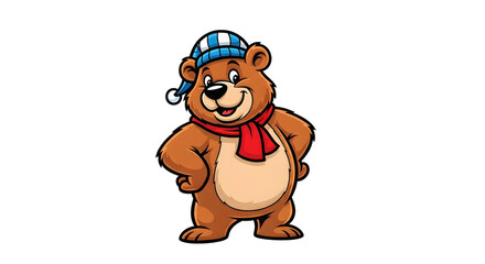 Cute cartoon bear wearing a blue striped hat and red scarf stands smiling, on transparent background. Winter animal mascot for child gift.