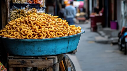 Fototapeta premium Vibrant Street Market Scene with Heap of Golden Snacks on Cart