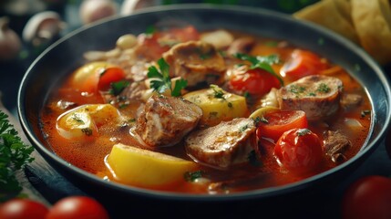 Warm and Comforting Meat Stew with Fresh Vegetables and Herbs