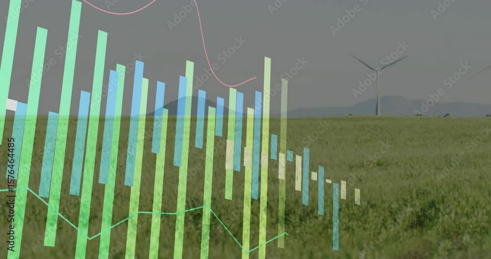 Poster translucent bars appearing on grass, oscillating with undulating lines, showing turbine energy data
