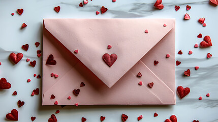 Pink envelope with red hearts valentines day romantic background