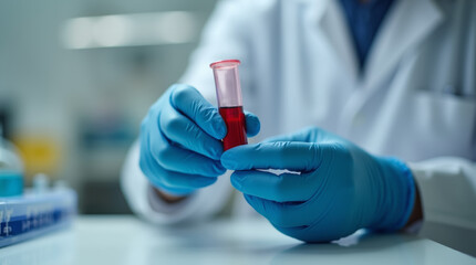 The blood tube is held by the hands of a laboratory assistant in blue gloves