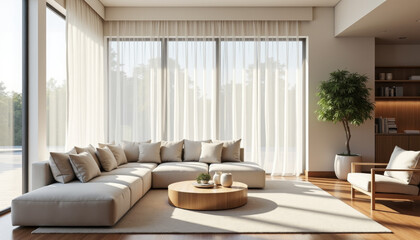 Fototapeta premium Modern Living Room Design, Interior, Contemporary Home, Photo, Bright Environment, Wide View, Minimalist Aesthetic