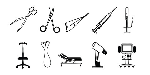 Comprehensive Medical and Surgical Line Icon Set with Dog Illustration Featuring Healthcare Symbols and Veterinary Elements on transparent background