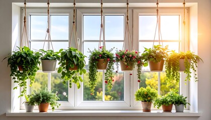 Fototapeta premium Plants hanging from a windowsill