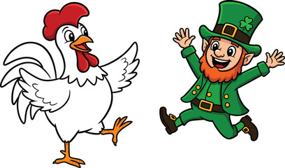 Cartoon chicken dancing, happy leprechaun jumping, St Patrick’s Day, vector illustration, mascot design, fun cartoon, cute, children, clipart, Irish, holiday, green hat, 
