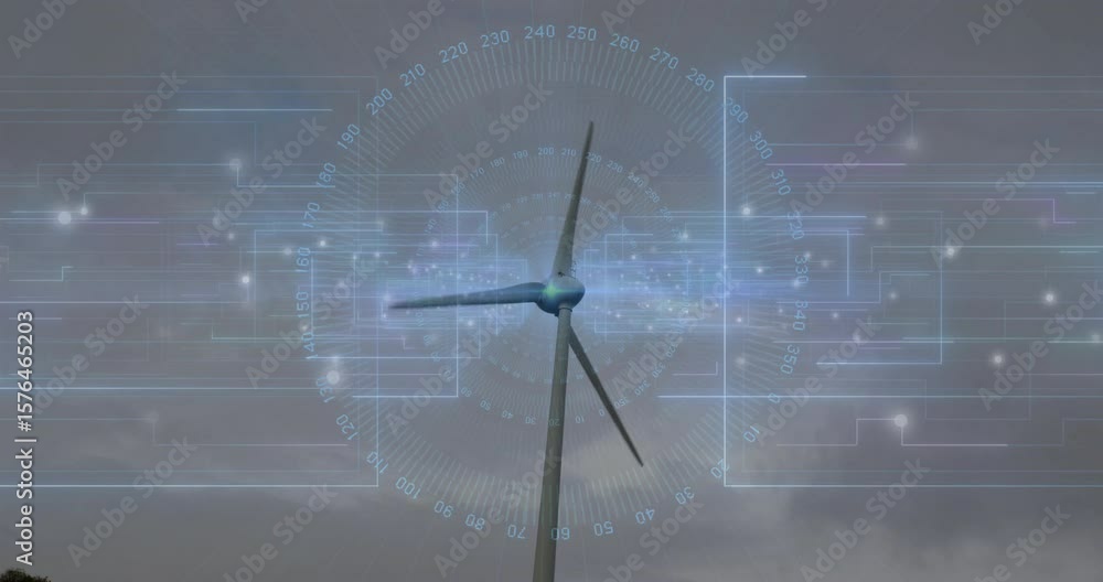 Poster holographic interface activating wind turbine blades turning clockwise showing performance data