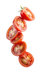Fototapeta premium Flying tomato slices with seeds floating in the air isolated on transparent white background, clipping path