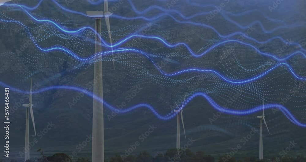Poster blue waveforms starting to sweep turbines showing fluctuating wind speeds while blades rotating