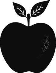 A black apple silhouette with two leaves and a stem on a white background in a simple illustration
