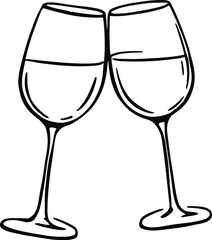 Two wine glasses clinking together in a black and white line drawing against a white background view