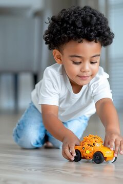 A playful young boy with curly hair smiles while playing with an orange toy car, enjoying a fun moment indoors.