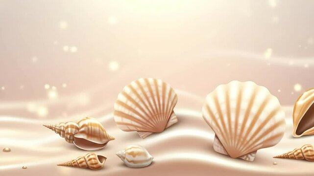 Seashells and pearls on light beige texture