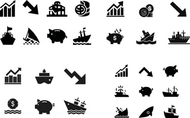 Stock market crash and economic recession icons with sinking ships and piggy banks