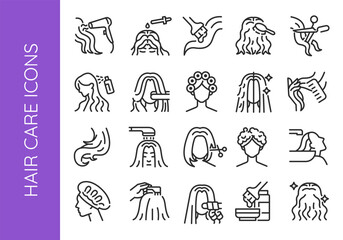 Hair care icons. Large set of hair care trendy minimal icons. Example: Hairdryer, Oil, Brush, Curlers, Shampoo icon. Design signs for web page mobile app packaging design. Vector illustration